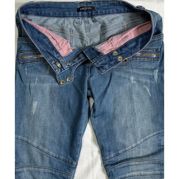 Balmain Paris Moto Skinny Jeans Womens Size 40 Blue Distressed Zip Details - Picture 12 of 15